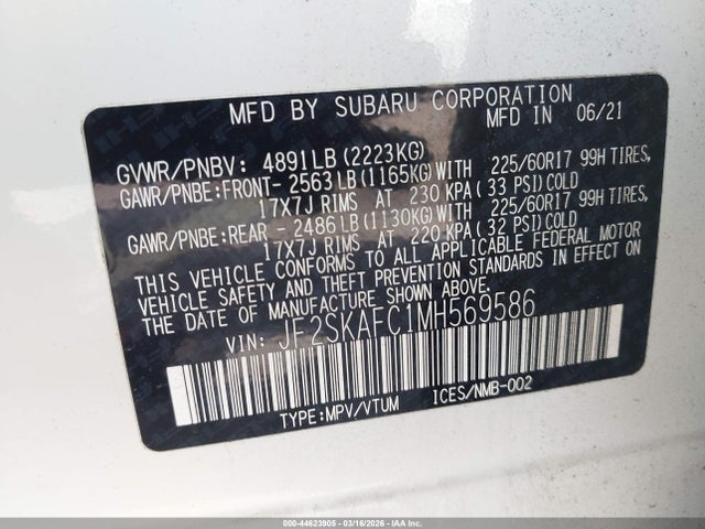 44623905 :رقم المزاد ، JF2SKAFC1MH569586 vin ، 2021 Subaru Forester Premium مزاد بيع