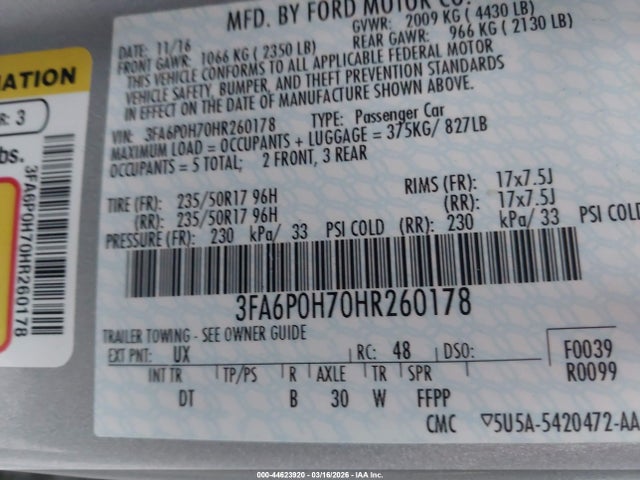 Ford FUSION SE 2017 3FA6P0H70HR260178 Image 9