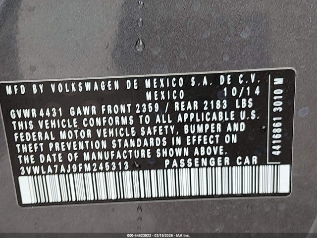 Продаж на аукціоні авто 2015 Volkswagen Jetta 2.0l Tdi S, vin: 3VWLA7AJ9FM245313, номер лоту: 44623923