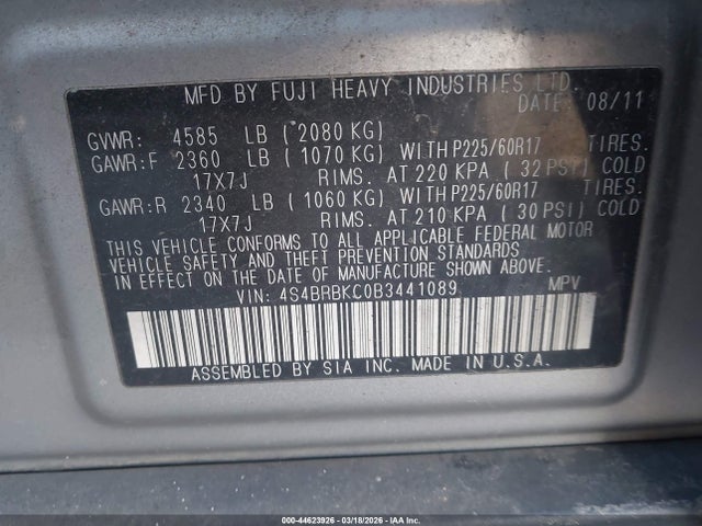 44623926 :رقم المزاد ، 4S4BRBKC0B3441089 vin ، 2011 Subaru Outback 2.5i Limited مزاد بيع