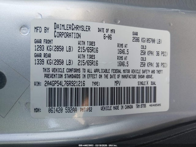 Продажа на аукционе авто 2006 Chrysler Town & Country Touring, vin: 2A4GP54L76R921216, номер лота: 44623953