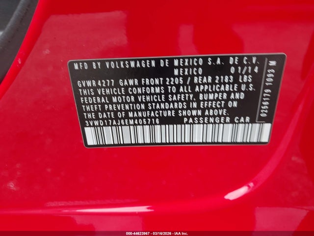 44623967 :رقم المزاد ، 3VWD17AJ6EM405716 vin ، 2014 Volkswagen Jetta 1.8t Se مزاد بيع