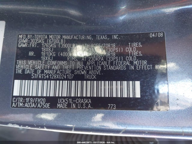 44623973 :رقم المزاد ، 5TFRT54128X024107 vin ، 2008 Toyota Tundra Base 4.7l V8 مزاد بيع