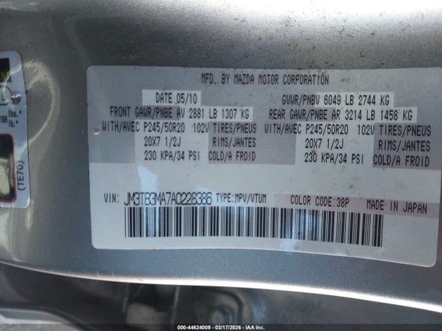 Продаж на аукціоні авто 2010 Mazda Cx-9 Grand Touring/sport/touring, vin: JM3TB3MA7A0228386, номер лоту: 44624009