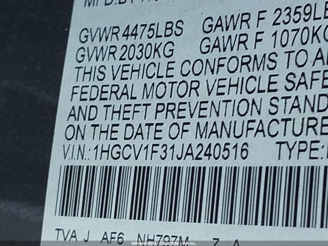 44624038 :رقم المزاد ، 1HGCV1F31JA240516 vin ، 2018 Honda Accord Sport مزاد بيع