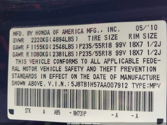 2010 Acura Rdx მანქანა იყიდება აუქციონზე, vin: 5J8TB1H57AA007912, აუქციონის ნომერი: 44624052