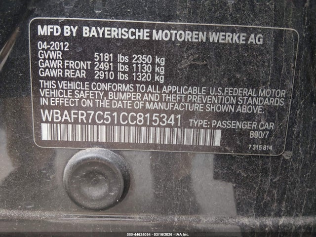 Aukcja sprzedaży 2012 Bmw 535i, vin: WBAFR7C51CC815341, numer aukcji: 44624054
