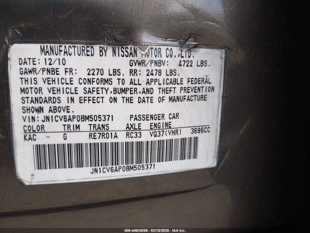 2011 Infiniti G37 Journey მანქანა იყიდება აუქციონზე, vin: JN1CV6AP0BM505371, აუქციონის ნომერი: 44624056
