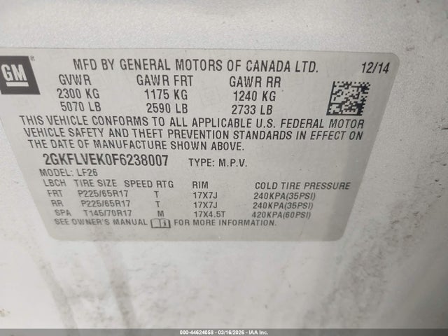 44624058 :رقم المزاد ، 2GKFLVEK0F6238007 vin ، 2015 Gmc Terrain Sle-1 مزاد بيع