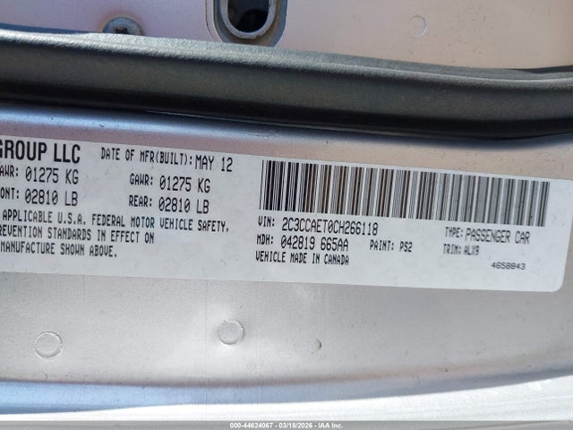 44624067 :رقم المزاد ، 2C3CCAET0CH266118 vin ، 2012 Chrysler 300c مزاد بيع
