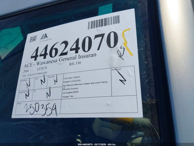 Aukcja sprzedaży 2004 Lexus Rx 330, vin: JTJGA31U540016258, numer aukcji: 44624070