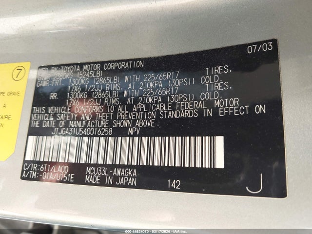 Aukcja sprzedaży 2004 Lexus Rx 330, vin: JTJGA31U540016258, numer aukcji: 44624070