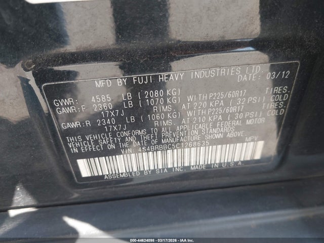 Aukcja sprzedaży 2012 Subaru Outback 2.5i Premium, vin: 4S4BRBBC5C1268635, numer aukcji: 44624098