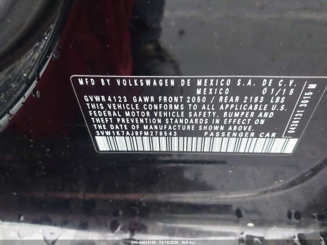 Aukcja sprzedaży 2015 Volkswagen Jetta 2.0l S, vin: 3VW1K7AJ9FM278543, numer aukcji: 44624100