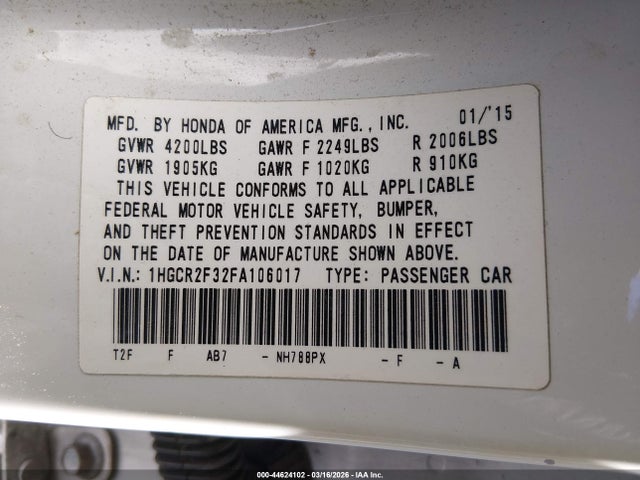 2015 Honda Accord Lx მანქანა იყიდება აუქციონზე, vin: 1HGCR2F32FA106017, აუქციონის ნომერი: 44624102