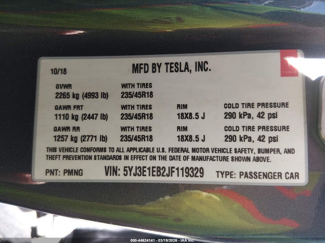 Продаж на аукціоні авто 2018 Tesla Model 3 Long Range/performance, vin: 5YJ3E1EB2JF119329, номер лоту: 44624141