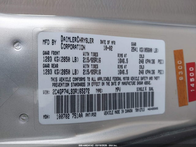 Продаж на аукціоні авто 2003 Chrysler Town & Country Ex, vin: 2C4GP74L93R165272, номер лоту: 44624142