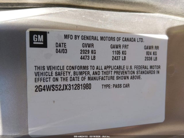 44624153 :رقم المزاد ، 2G4WS52JX31281980 vin ، 2003 Buick Century Custom مزاد بيع
