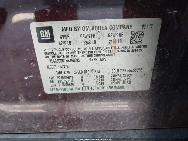 44624155 :رقم المزاد ، KL4CJCSB7HB160395 vin ، 2017 Buick Encore Essence مزاد بيع