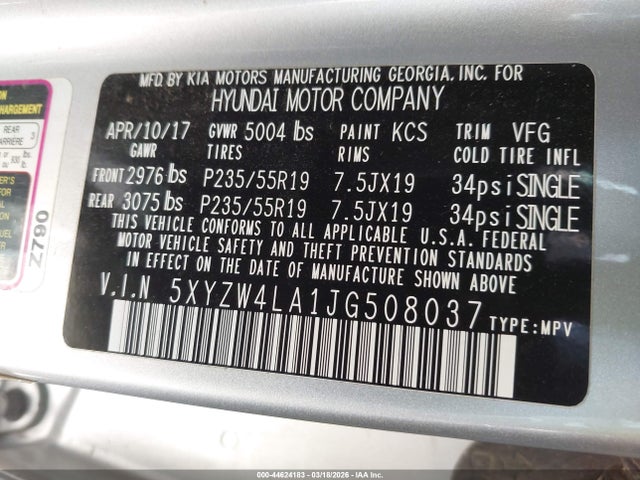 44624183 :رقم المزاد ، 5XYZW4LA1JG508037 vin ، 2018 Hyundai Santa Fe Sport 2.0t Ultimate مزاد بيع