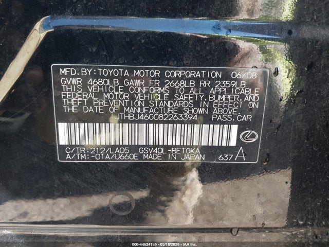Продажа на аукционе авто 2008 Lexus Es 350, vin: JTHBJ46G082263394, номер лота: 44624185