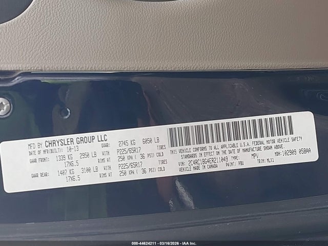 2014 Chrysler Town & Country Touring მანქანა იყიდება აუქციონზე, vin: 2C4RC1BG4ER211049, აუქციონის ნომერი: 44624211