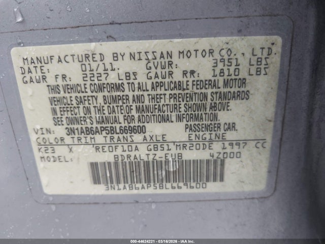 Aukcja sprzedaży 2011 Nissan Sentra 2.0sr, vin: 3N1AB6AP5BL669600, numer aukcji: 44624221
