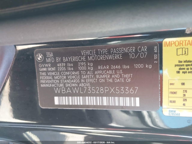 Aukcja sprzedaży 2008 Bmw 335i, vin: WBAWL73528PX53367, numer aukcji: 44624232
