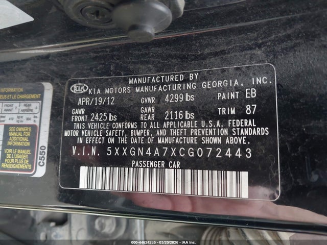 Aukcja sprzedaży 2012 Kia Optima Ex, vin: 5XXGN4A7XCG072443, numer aukcji: 44624235