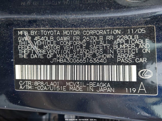 2006 Lexus Es 330 მანქანა იყიდება აუქციონზე, vin: JTHBA30G665163640, აუქციონის ნომერი: 44624239