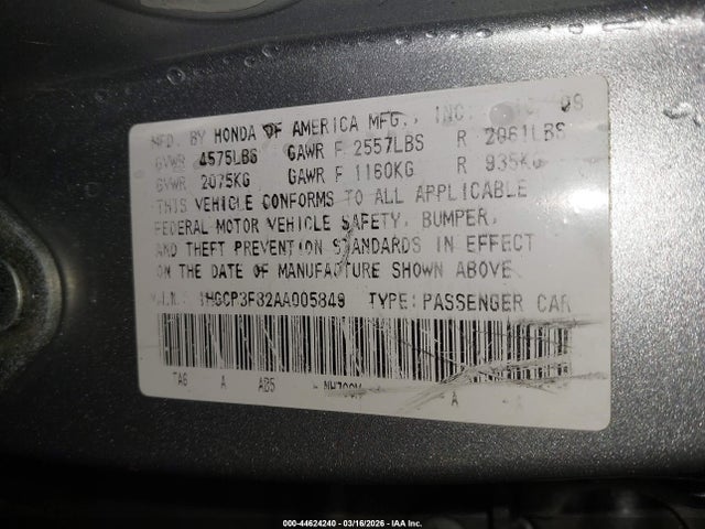 Продажа на аукционе авто 2010 Honda Accord 3.5 Ex-l, vin: 1HGCP3F82AA005849, номер лота: 44624240