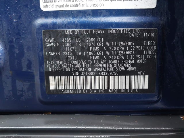 Продаж на аукціоні авто 2011 Subaru Outback 2.5i Premium, vin: 4S4BRCCC8B3369756, номер лоту: 44624265