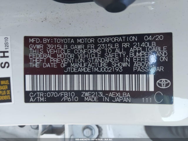 Toyota Corolla Hybrid Le 2021 JTDEAMDE1MJ002193 Image 9