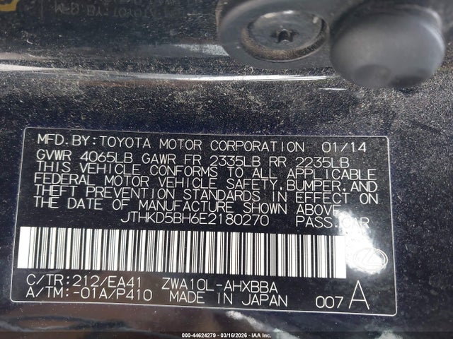 44624279 :رقم المزاد ، JTHKD5BH6E2180270 vin ، 2014 Lexus Ct 200h مزاد بيع