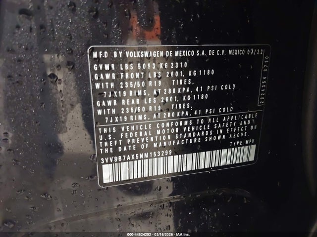44624292 :رقم المزاد ، 3VV8B7AX5NM153299 vin ، 2022 Volkswagen Tiguan 2.0t Se R-line Black مزاد بيع