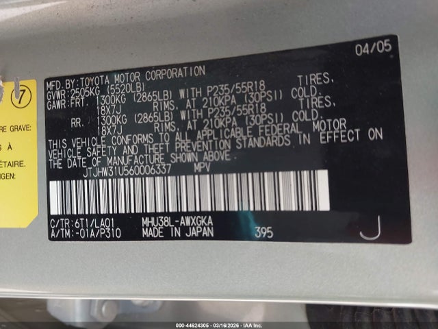44624305 :رقم المزاد ، JTJHW31U560006337 vin ، 2006 Lexus Rx 400h مزاد بيع