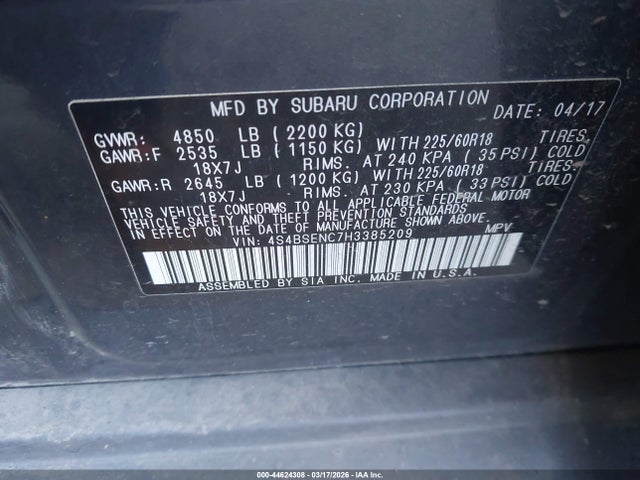 44624308 :رقم المزاد ، 4S4BSENC7H3385209 vin ، 2017 Subaru Outback 3.6r Limited مزاد بيع
