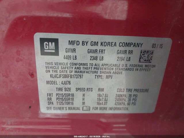 44624317 :رقم المزاد ، KL4CJFSB6FB173797 vin ، 2015 Buick Encore Convenience مزاد بيع
