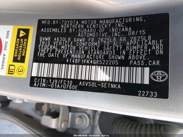 Toyota CAMRY LE 2016 4T4BF1FK4GR522205 Image 9