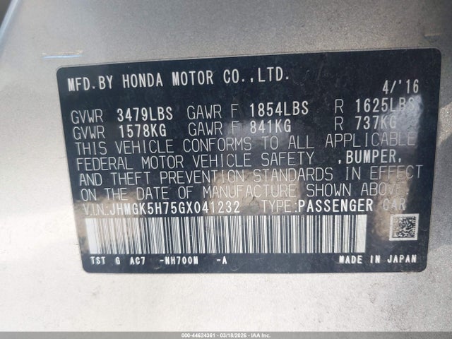Honda FIT EX 2016 JHMGK5H75GX041232 Image 9