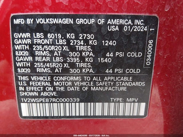 44624390 :رقم المزاد ، 1V2WSPE87RC000339 vin ، 2024 Volkswagen Id.4 Awd Pro S مزاد بيع