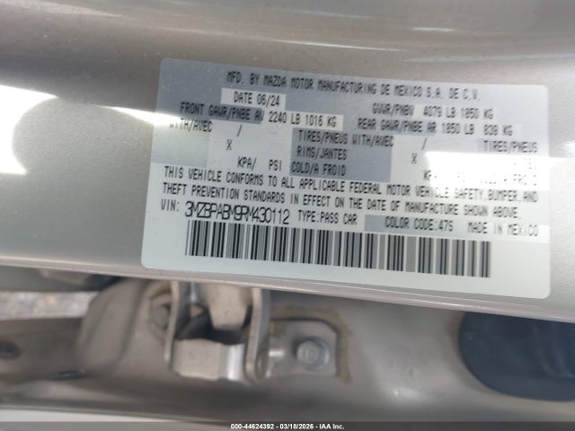 44624392 :رقم المزاد ، 3MZBPABM9RM430112 vin ، 2024 Mazda Mazda3 2.5 S Select Sport مزاد بيع
