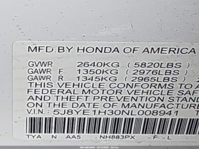 Aukcja sprzedaży 2022 Acura Mdx Standard, vin: 5J8YE1H30NL008941, numer aukcji: 44624405