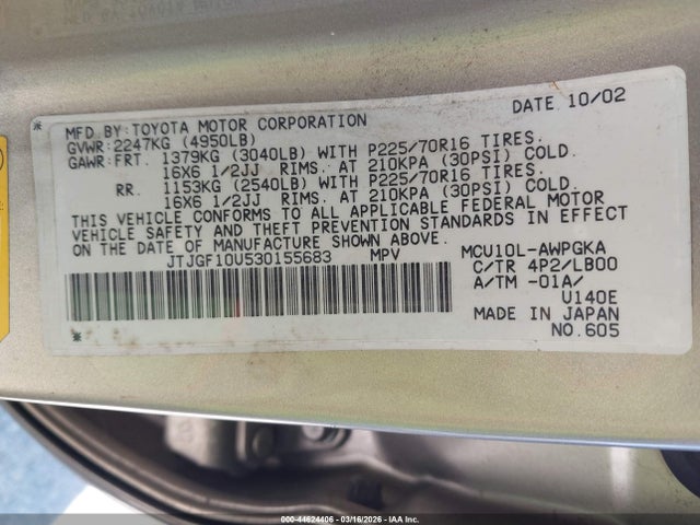 Aukcja sprzedaży 2003 Lexus Rx 300, vin: JTJGF10U530155683, numer aukcji: 44624406