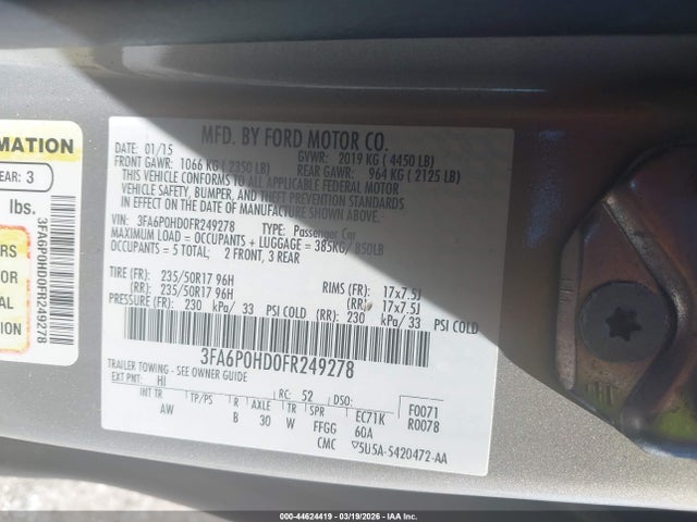 2015 Ford Fusion Se მანქანა იყიდება აუქციონზე, vin: 3FA6P0HD0FR249278, აუქციონის ნომერი: 44624419