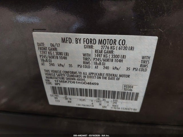 1FM5K7D81HGD48459 Ford EXPLORER XLT