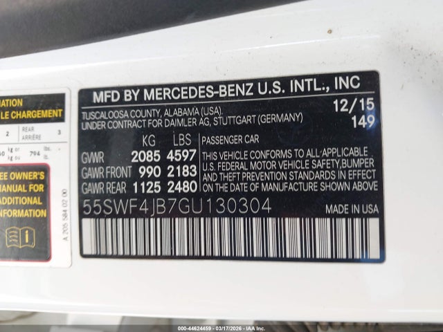 44624459 :رقم المزاد ، 55SWF4JB7GU130304 vin ، 2016 Mercedes-benz C 300 مزاد بيع
