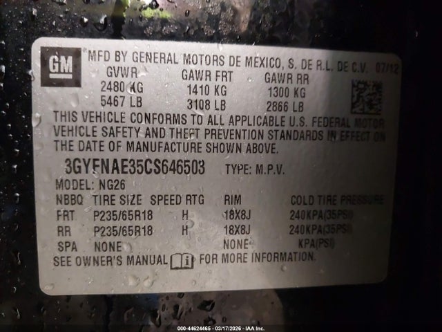 2012 Cadillac Srx Luxury Collection მანქანა იყიდება აუქციონზე, vin: 3GYFNAE35CS646503, აუქციონის ნომერი: 44624465