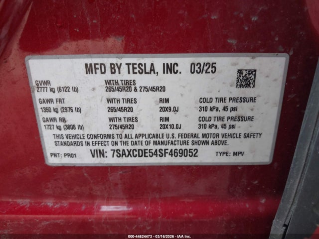 Aukcja sprzedaży 2025 Tesla Model X Long Range, vin: 7SAXCDE54SF469052, numer aukcji: 44624473