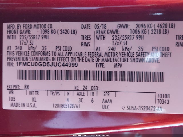 1FMCU0GD5JUC44999 Ford ESCAPE SE